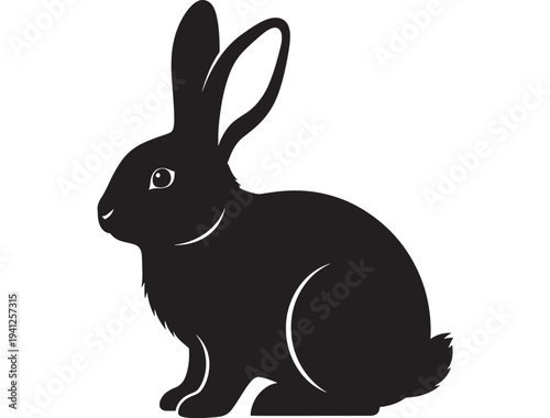Rabbit silhouette with long ears and a fluffy tail, a simple black outline against a white background.