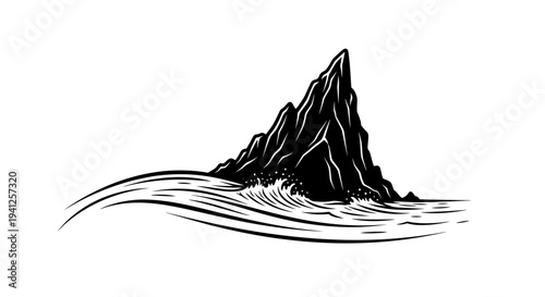 Dramatic Black and White Illustration of a Jagged Rock Formation Emerging from Crashing Waves