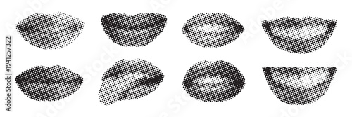 Set of Retro Halftone collage lips gesture. Dotted modern retro urban pop art style. Trendy vintage newspaper pieces. Halftone collage elements.