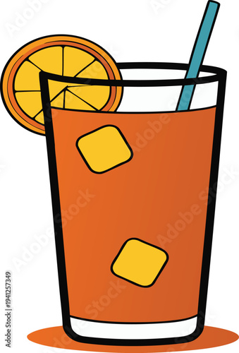 Orange iced tea in a glass with lemon slice and ice cubes vector illustration EPS PNG file