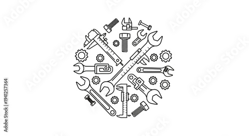 Mechanical Tools Circle Arrangement: Wrenches, Calipers, Bolts, Gears