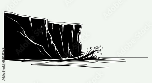 Dramatic Cliff Face Meets Crashing Wave in Black and White