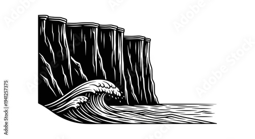 Dramatic Cliff Face Meets Crashing Ocean Wave in Black and White