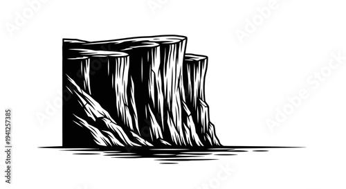 Dramatic Cliff Face Overlooking Calm Water, Black and White Woodcut Style
