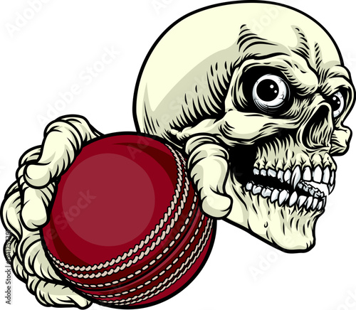 A grim reaper or death skeleton sports team or Halloween event mascot holding a cricket ball