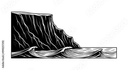 Dramatic Cliff Face Meets Crashing Waves in Stylized Black and White Illustration