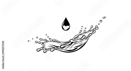 Dynamic Water Splash with Droplet Falling, Black and White Illustration