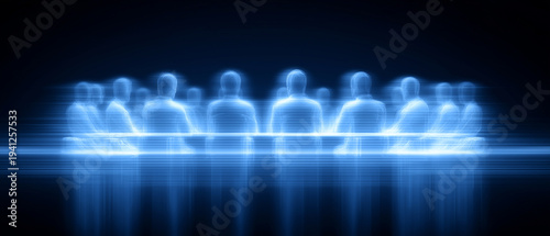 Futuristic digital team meeting at holographic boardroom table