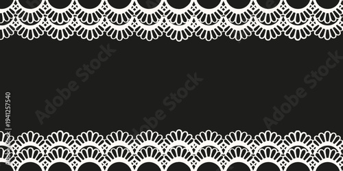 White retro Lace Dividers isolated black background with Empty space for text. Hand drawn vintage scallop trim. Coquette Retro Frame for card banner web design border. EPS 10