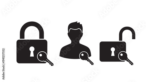 Padlock icon with key and silhouette of a person, representing access and security concepts on a white background