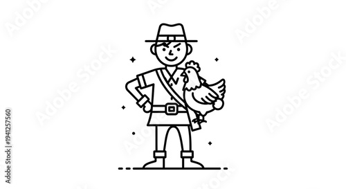 Farmer Man Holding Chicken, Rural Life, Farm Animal, Countryside Character, Simple Line Art