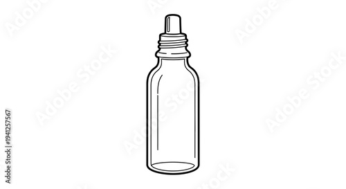 Empty glass dropper bottle with cap, isolated on white background, simple line art illustration