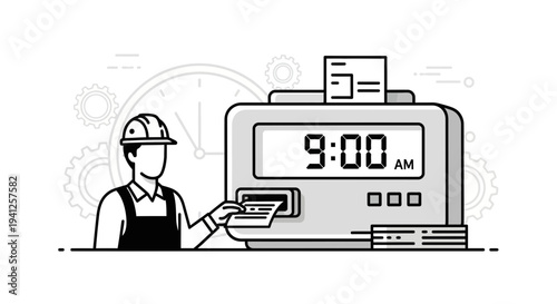 Worker Punching Time Card into Clock for 9 AM Start