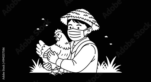 Farmer in mask holding chicken, rural life, pandemic protection, agriculture, farm animal