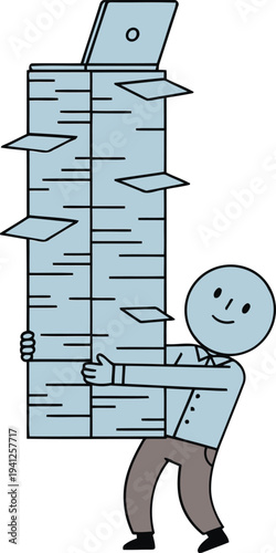 Overloaded office worker struggling to carry a massive stack of documents and files, symbolizing workload and stress