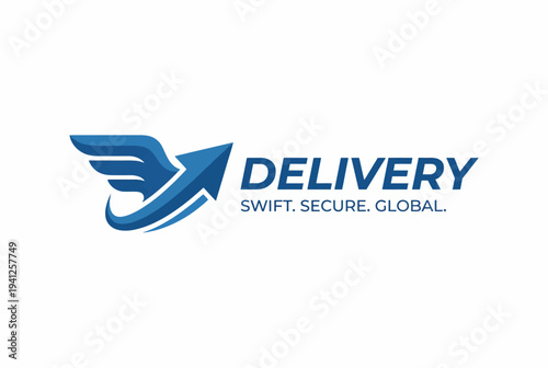 The image highlights a sleek delivery logo that incorporates an arrow and wing motif, conveying speed and security, perfect for logistics or delivery service branding.