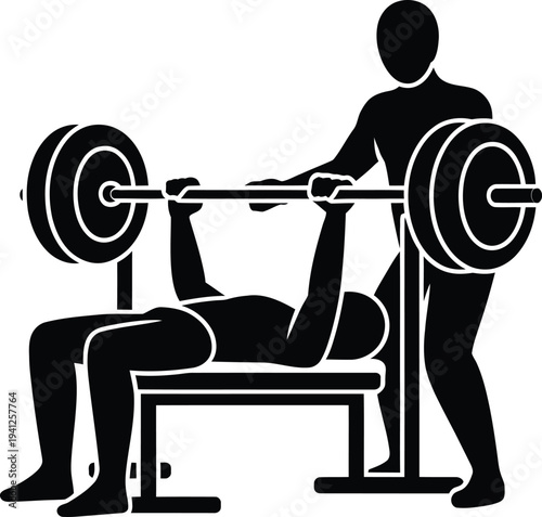 Man lying on a bench press lifting heavy barbell weights assisted by a spotter standing behind him in a simple black silhouette illustration