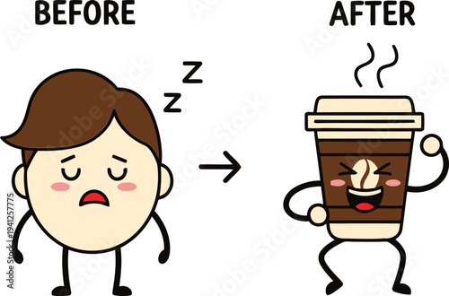 Before and After Coffee Effect From Sleepy to Energized and Happy - A Transformation Illustration
