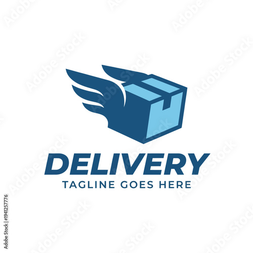 A dynamic delivery logo featuring a box and stylized wings, symbolizing speed, efficiency, and reliability in the delivery and logistics industry.