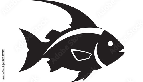 Fish stylized silhouette with sharp fins and abstract body markings for aquatic design elements featuring icon, black, white with marine and animal