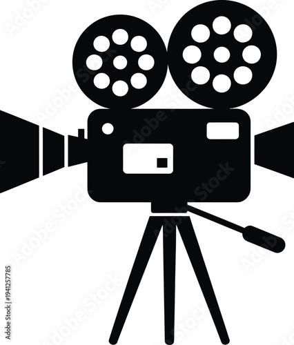 Classic film camera graphic illustration on a clean white background representing vintage filmmaking equipment