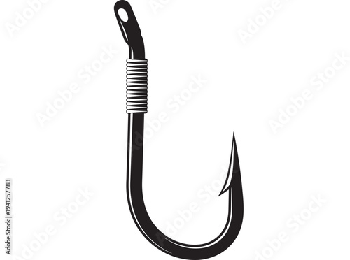 Fishing hook with coiled line detail, a sharp barbed point, and an eyelet for attaching to a line, rendered in a black graphic style.