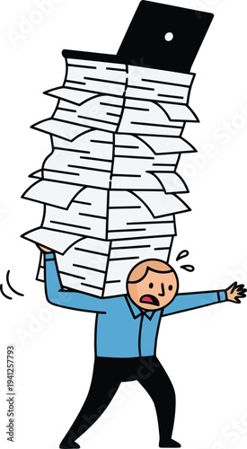 Stressed professional worker burdened by a colossal stack of documents and a laptop, symbolizing the overwhelming pressure and responsibilities of modern office life and excessive workload