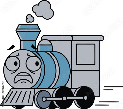A cartoon train with a sad face is moving quickly on the tracks.