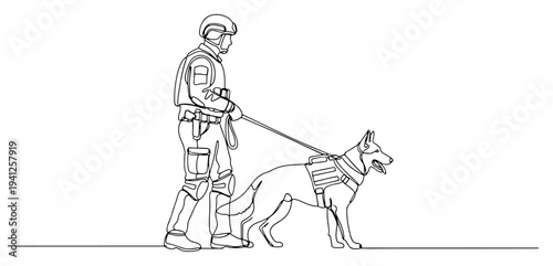 Military soldier walking with tactical K9 working dog in continuous line art style