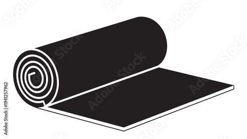 Rolled black yoga mat for fitness and exercise, viewed from an angle with its edge unfurled. featuring gym equipment, workout gear, wellness with