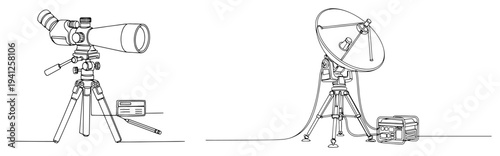 Spotting scope on tripod and satellite dish with power generator in continuous line art style