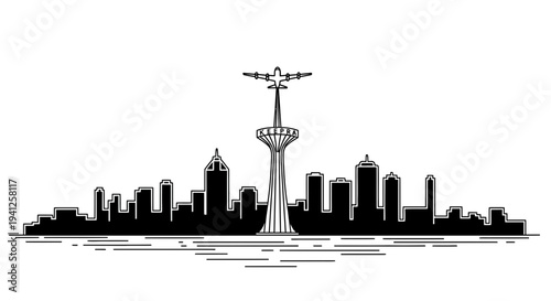 Cityscape Skyline Silhouette with Airplane and Tall Tower