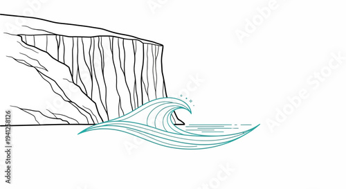 Cliff face and crashing wave, minimalist line art illustration