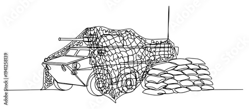 Armored military vehicle covered with camouflage netting next to sandbags in continuous line art style