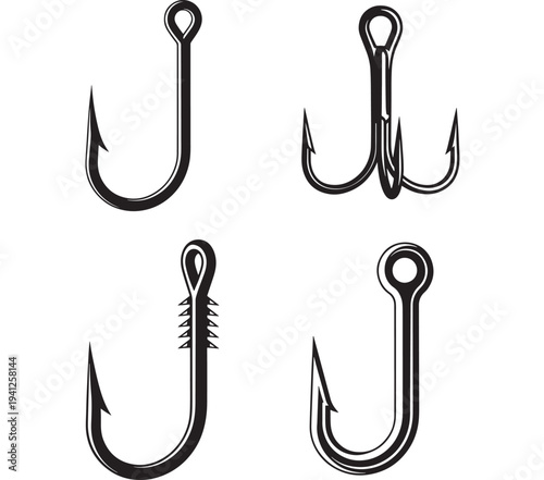 Fishing hooks set with different barbed and treble designs for catching fish, presented in a clean black and white graphic.