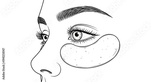 Close-up line art drawing of a woman's eye with under-eye patches and long lashes