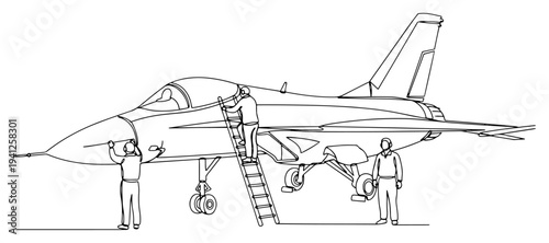 Military ground crew servicing a fighter jet aircraft with ladder in continuous line art style