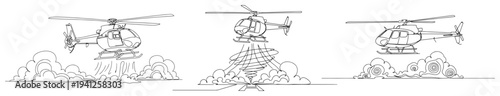 Sequence of helicopter landing and taking off with dust clouds in continuous line art style