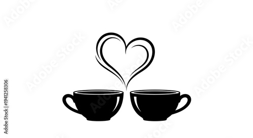 Couple Coffee Cups with Heart Steam - Love, Romance, Morning, Cafe