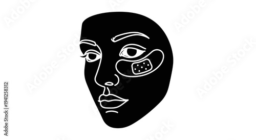 Creative Black and White Face with Eye Patches and Bandage, Minimalist Line Art