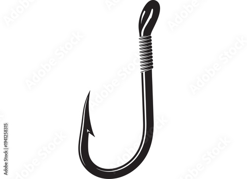 Hook fishing sharp barbed with wound wire on eyelet, isolated on white background, simple design. featuring fish, bait, lure with angling and