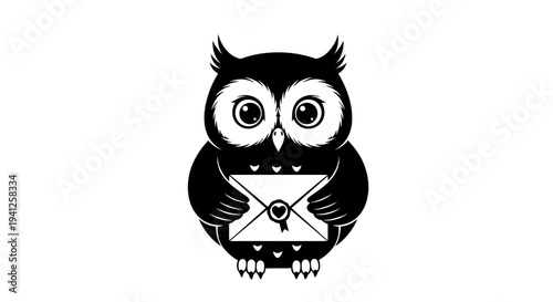Cute Black Owl Holding Love Letter Envelope with Heart Seal