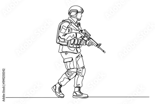 Modern tactical soldier walking with rifle in full gear in continuous line art style
