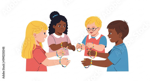 Diverse group of four children clinking glasses together in a toast