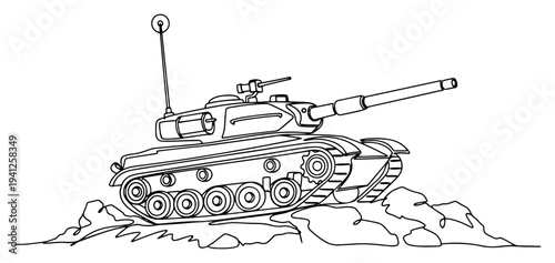 Military heavy battle tank moving across rocky terrain in continuous line art style