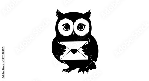 Cute Black Owl Holding Love Letter with Heart Icon, Vector Illustration