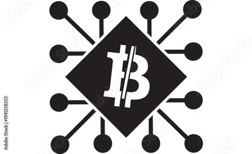 Bitcoin symbol with network connections radiating outwards from a central diamond shape on a white background