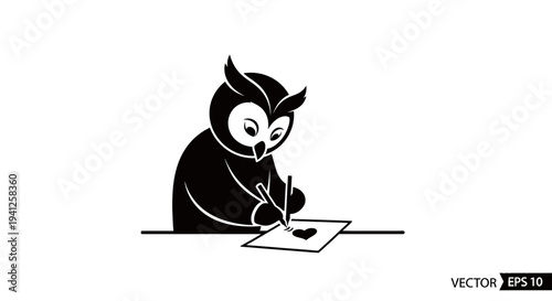 Cute Owl Drawing Heart on Paper, Creative Art, Education Concept