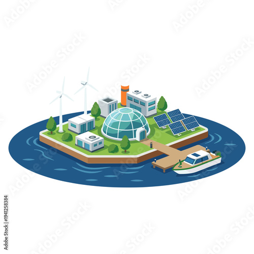 Renewable Energy Technology Elements Set with Geothermal, Hydrogen, Tidal, Wave and Algae Biofuel Illustration