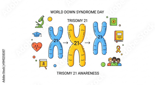 World down syndrome day awareness graphic with trisomy 21 chromosomes and symbols
